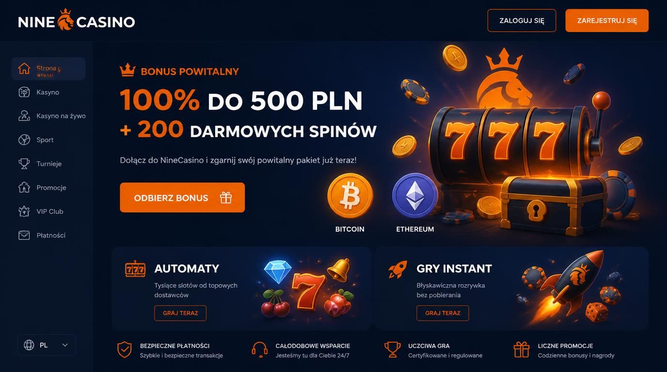 Interfejs powitalny z ofertą bonusu i krypto.