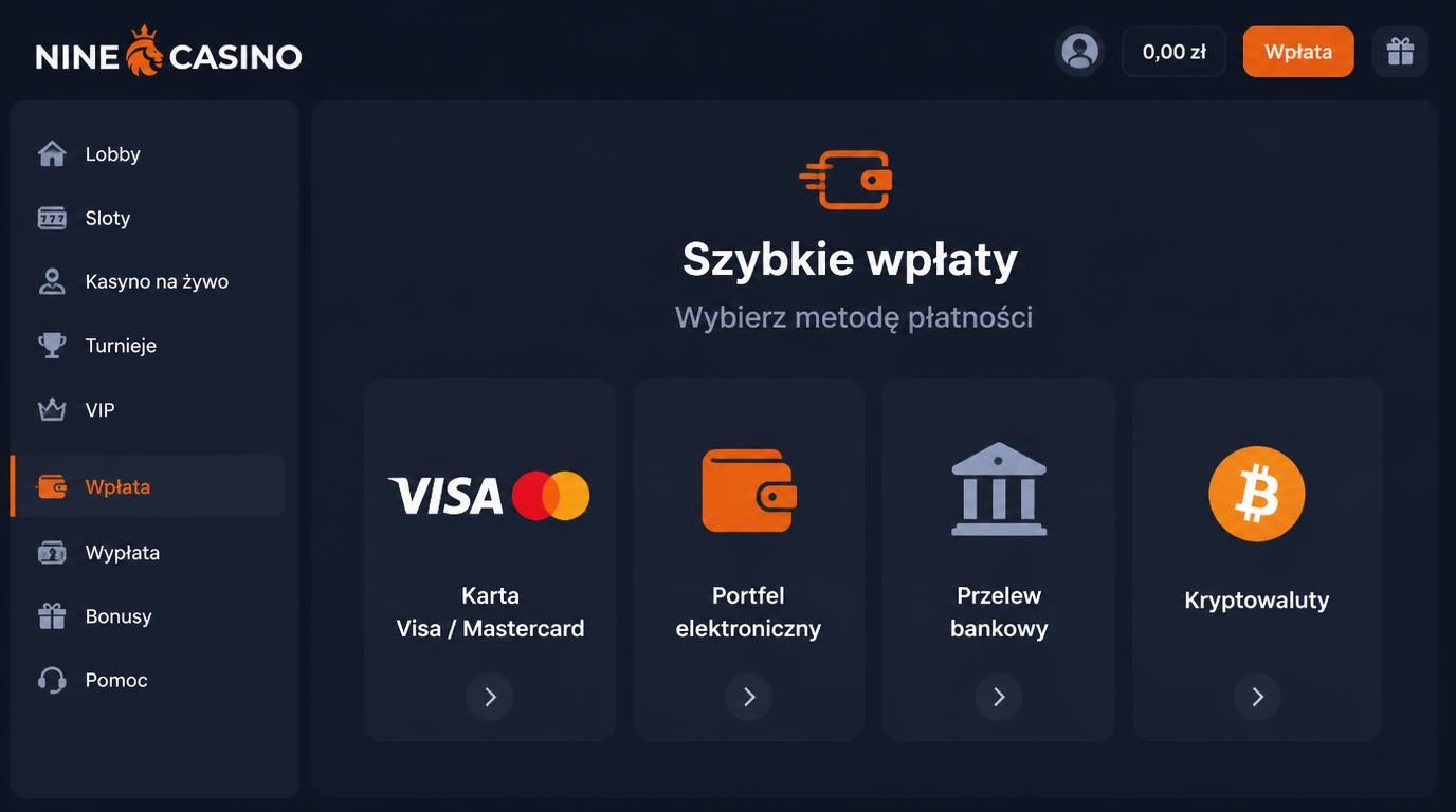 Interfejs wyboru metod płatności z logo Nine Casino