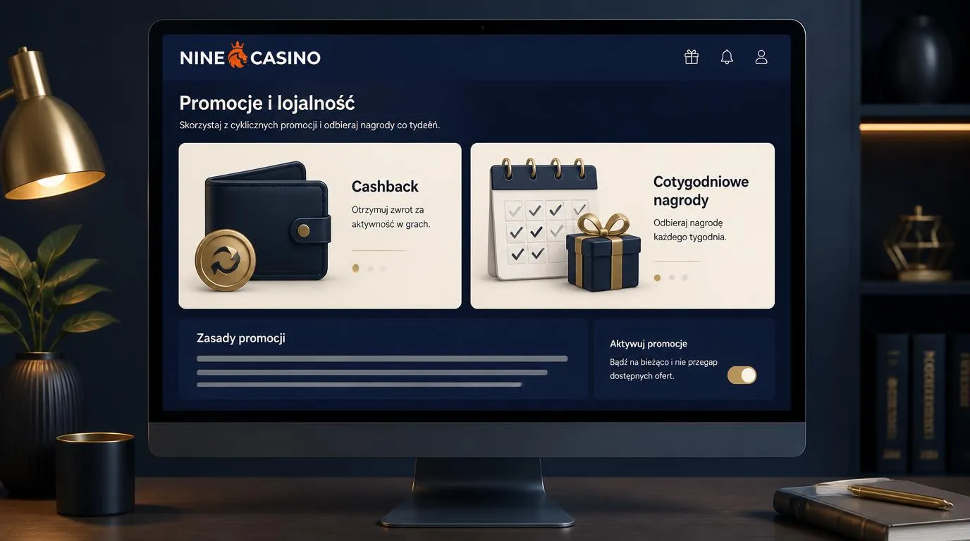 Panel promocji kasynowych z kartą cashbacku, kalendarzem nagród tygodniowych i warunkami aktywacji