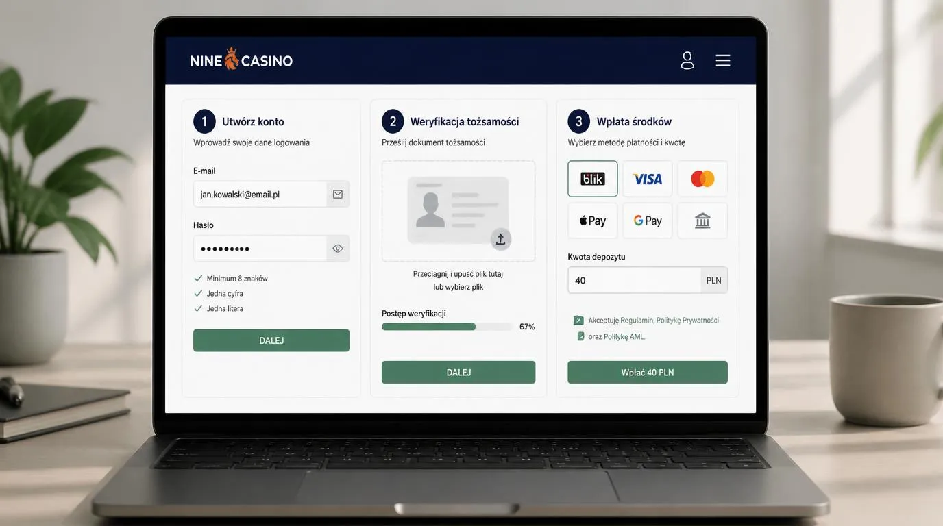 Panel rejestracji, weryfikacji tożsamości i kasy z polem wpłaty 40 PLN na ekranie laptopa